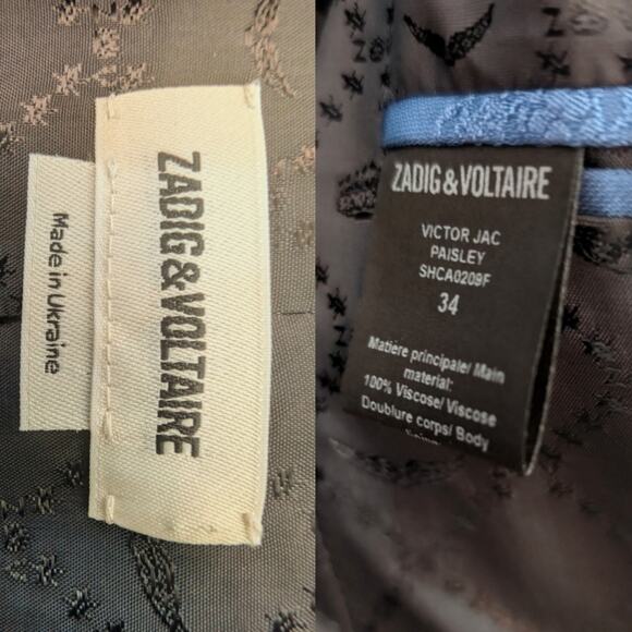 Zadig & Voltaire Victor Jacquard Paisley Blue Blazer Jacket Women Extra Small 34 - Picture 7 of 14